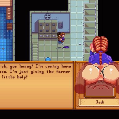 stardew valley, jodi (stardew valley), theevilfallenone, cellphone, dark-skinned male, ntr, vaginal penetration, video, animated, pixel art, tagme