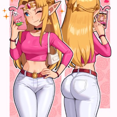 nintendo, the legend of zelda, princess zelda, zelda (a link between worlds), sarukaiwolf, alternate costume, ass, bag, belt, blonde hair, bracelet, casual, cellphone, circlet, crop top