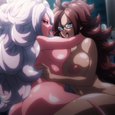 dragon ball, dragon ball fighterz, dragon ball z, android 21, android 21 (evil), android 21 (human), majin android 21, vomi (dragon ball), dindakai, 2girls, yuri, tagme