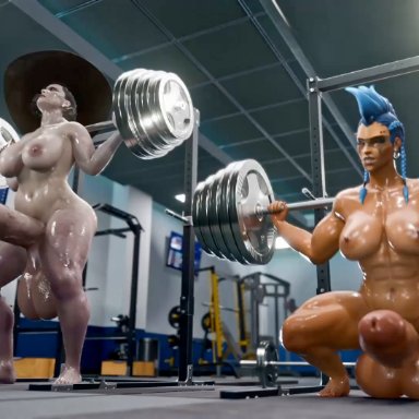 overwatch, overwatch 2, resident evil, resident evil 8: village, alcina dimitrescu, junker queen, nuttytouch, 2futas, abs, balls, balls touching floor, barbell, big penis, breasts, competition