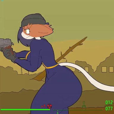 fallout, fortnite, meow skulls (fortnite), vault dweller (cosplay), zudofu (artist), 10mm pistol, ass expansion, breast expansion, breasts, clothed, clothing, expansion, female, firearm, furry