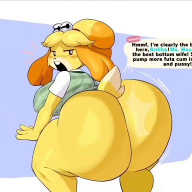 animal crossing, nintendo, ankha, ankha (animal crossing), isabelle (animal crossing), felaz20, jinu, springtron, 2girls, 4 fingers, angry, angry face, animal humanoid, anthro, ass