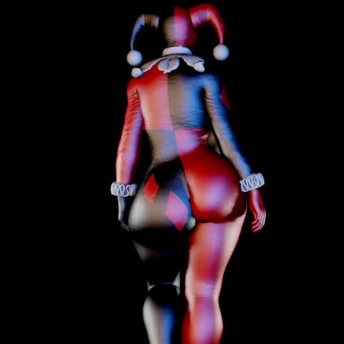 batman (series), batman: arkham knight, dc comics, virt-a-mate, harley quinn, harley quinn (classic), superdougie, 1girls, ass, ass focus, back view, backboob, black background, bodysuit, clothed female