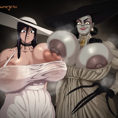 capcom, japanese mythology, mythology, resident evil, resident evil 8: village, urban legend, alcina dimitrescu, hasshaku-sama, justcallmejeru, 2girls, areola slip, areolae, big breasts, black eyes, black hair