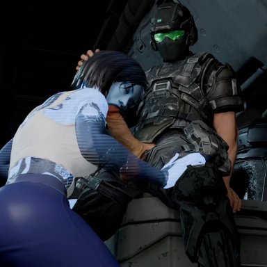 halo (game), halo (series), cortana, unsc marine, gamingarzia, 1boy, 1girls, armor, big penis, black hair, blowjob, blue skin, bouncing breasts, closed eyes, clothing