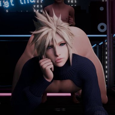 final fantasy, final fantasy vii, final fantasy vii remake, cloud strife, jpbtos, 2boys, age difference, all fours, big ass, blonde hair, cum, dark skin, dark-skinned male, doggy style, emotionless