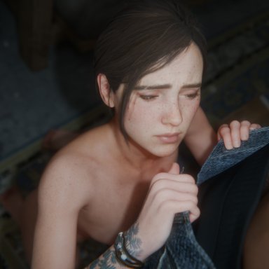 the last of us, the last of us 2, ellie (the last of us), 1boy, 1girls, brown hair, dark-skinned male, female, freckles, human, interracial, large penis, male, penis, penis reveal