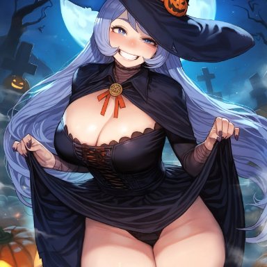 halloween, my hero academia, hadou nejire, nejire hado, 1-a dot, 1girls, big breasts, blue eyes, blue hair, blush, breasts, dress, female, grin, halloween costume