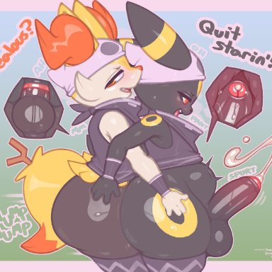 nintendo, pokemon, braixen, eeveelution, generation 2 pokemon, generation 6 pokemon, pokemon (species), umbreon, frumples, 4 fingers, anal, anal sex, anthro, anthro on anthro, anthro penetrated