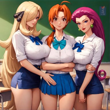 pokemon, cynthia (pokemon), delia ketchum (pokemon), jessie (pokemon), alex-schura, 3girls, big breasts, blonde female, bowtie, butt, earrings, long hair female, looking at viewer, mature woman, milf