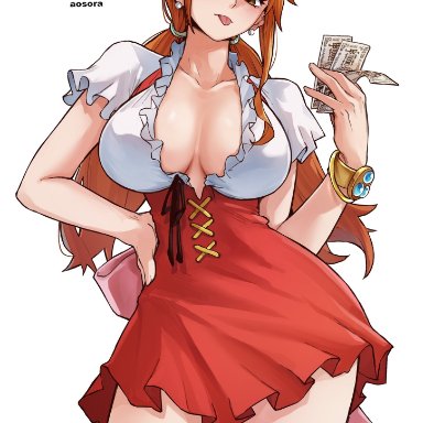 one piece, shounen jump, whole cake island, nami, nami (one piece), aosora, 1girls, bare arms, bare legs, bare thighs, big breasts, clothed, clothing, female, female focus