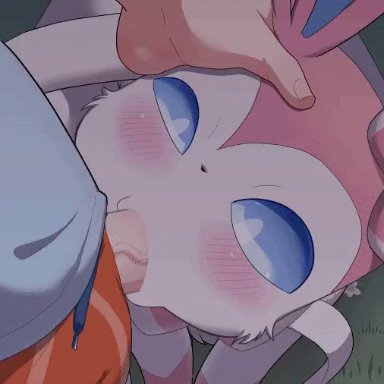 nintendo, pokemon, eeveelution, pokemon (species), sylveon, dakkoku jiro, 1boy, 1girls, blowjob, blue eyes, fellatio, feral, feral penetrated, hand on head, pokephilia