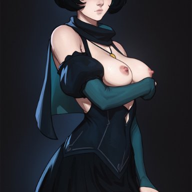 original, erin (tarakanovich), tarakanovich, 1futa, arm under breasts, bare shoulders, black background, black capelet, black hair, black skirt, breasts, capelet, closed mouth, cowboy shot, dickgirl