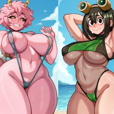 my hero academia, mina ashido, tsuyu asui, melonpuff, 2girls, alternate breast size, antennae, areola, areola slip, armpits, ass, beach, big areola, big ass, big breasts