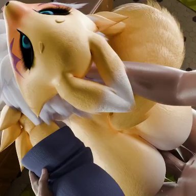 digimon, renamon, babymoonart, 1boy, 1boy1girl, 1girls, anthro, anthro penetrated, ass, big ass, big butt, cum, cum inside, female focus, female penetrated