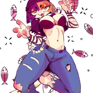 epic games, fortnite, fortnite: battle royale, meow skulls, meow skulls (fortnite), huhujujuy, 1girls, 2024s, anthro, barefoot, beanie, big breasts, black bra, black clothing, blue jeans