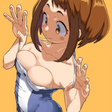 my hero academia, ochako uraraka, yuuzii, bare arms, bare shoulders, blue swimsuit, blush, breast press, breasts, brown eyes, brown hair, cleavage, closed mouth, collarbone, medium breasts