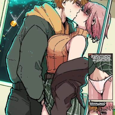 chainsaw man, denji (chainsaw man), fami (chainsaw man), mark gavatino, fingering, kissing, public sex, train, train interior, comic, tagme, text