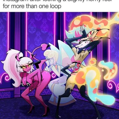 hazbin hotel, helluva boss, queen bee-lzebub (helluva boss), saint peter (hazbin hotel), verosika mayday (helluva boss), corazonarts, 2girls, demon, demon girl, furry, scared, stripper, succubus, meme, the simpsons reference