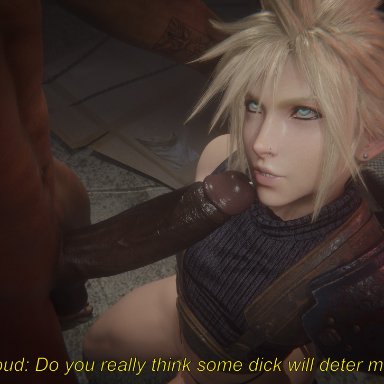 final fantasy, cloud strife, blenderdude, 2boys, blonde hair, blue eyes, bottomless, dark-skinned male, eyeliner, femboy, feminine male, gay, holding head, imminent oral, interracial