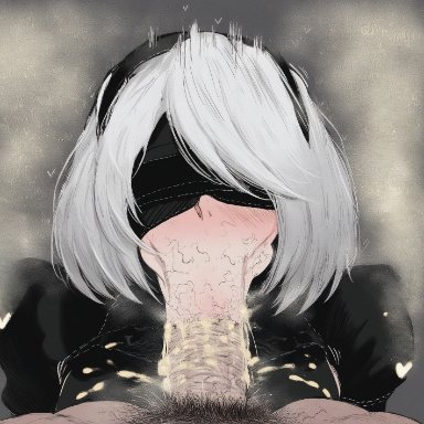 nier: automata, yorha 2b, lopablo, :&gt;=, 1boy, 1girls, blowjob, blowjob only, blowjob pov, blush, fellatio, oral, oral sex, pubic hair on face, smegma