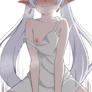 sousou no frieren, frieren, kagironsfw, 1boy, 1girls, blush, breasts, cowgirl position, dress, earrings, elf, elf ears, female, female focus, female on top