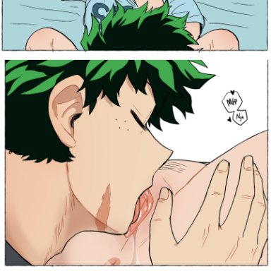 boku no hero academia, my hero academia, izuku midoriya, ochako uraraka, dokidokicat, 1boy, 1boy1girl, 1girls, anus, anus peek, arm around neck, arm around partner, bed, bed sheet, between legs