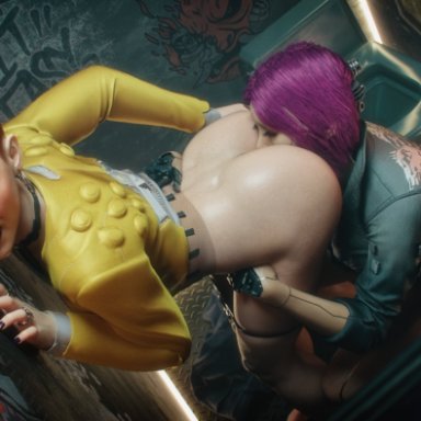 cd projekt red, cyberpunk 2077, cyberpunk 2077: phantom liberty, aurore cassel, songbird, playfair3d, 2girls, against wall, anilingus, ass, bathroom sex, bent over, cybernetics, eating ass, face in ass