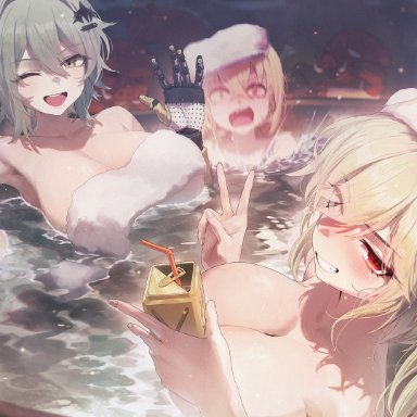 hoyoverse, zenless zone zero, burnice white, caesar king, luciana de montefio, sushispin, 3girls, armpits, bath, blonde hair, blush, boar, brown eyes, cleavage, drinking