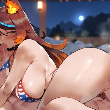 sinder (vtuber), meiogun, 1boy, 1boy1girl, 1girls, 69, 69 position, american flag bikini, blowjob, breasts, brown hair, cunnilingus, faceless male, facesitting, fellatio