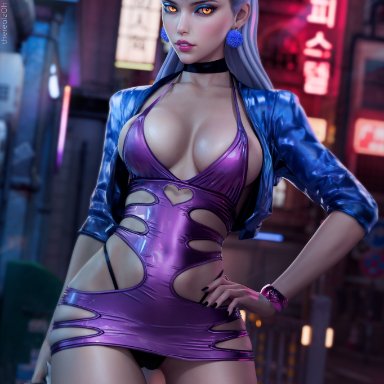 k/da all out series, league of legends, riot games, evelynn, k/da all out evelynn, therealzoh, black nails, black stockings, blue earrings, blue jacket, bodycon, choker, dress, high thong, hooker