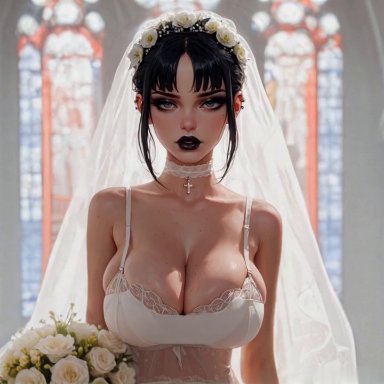 the addams family, jenna ortega, wednesday addams, sgrodolo, 1girls, black hair, black lipstick, bouquet, bride, church, cleavage, goth, goth girl, heels, large breasts