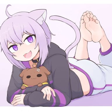 nekomata okayu, softhanten, barefoot, cat ears, cat girl, cat tail, feet, feet fetish, feet focus, feet up, foot fetish, foot focus, laying on stomach, on stomach, soles