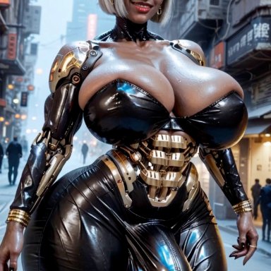 cd projekt red, cyberpunk 2077, original character, hotscapes, 1futa, big ass, big balls, big breasts, big bulge, big penis, bodysuit, bulge, cleavage, cyberpunk, dark skin