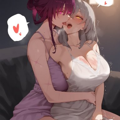 honkai (series), honkai: star rail, kafka (honkai: star rail), stelle (honkai: star rail), 2girls, breasts, dress, female, female only, kissing, large breasts, milf, mommy, mommy kink, one arm