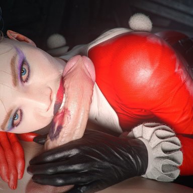 batman (series), harley quinn, harley quinn (classic), checkpik, 1boy, 1girls, big ass, biting penis, blonde hair, blue eyes, clothed female nude male, clown collar, completely nude male, covered breasts, duo