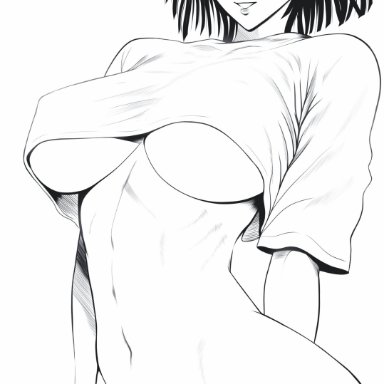 one-punch man, fubuki (one-punch man), mostlybluewyatt, arms behind back, belly button, big ass, big breasts, black hair, bob cut, fat breasts, flat belly, graping ass, large breasts, looking at viewer, pants down