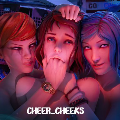 life is strange, chloe price, max caulfield, victoria chase, cheer cheeks(artist), 3girls, blonde hair, blue hair, cheer cheeks, choke hold, choked, choking, eye contact, girl on girl, girls