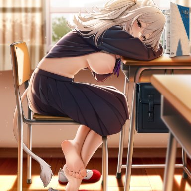 hololive, shishiro botan, casino (casinoep), big breasts, black nail polish, breast out, classroom, crossed legs, feet, grey hair, nail polish, sailor uniform, shoes, sitting, smiling at viewer