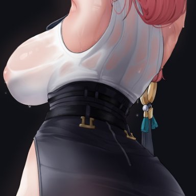 zenless zone zero, tsukishiro yanagi, joosi, armpits, arms up, ass, bare shoulders, black background, black skirt, black-framed eyewear, blush, breasts, covered erect nipples, female, from behind