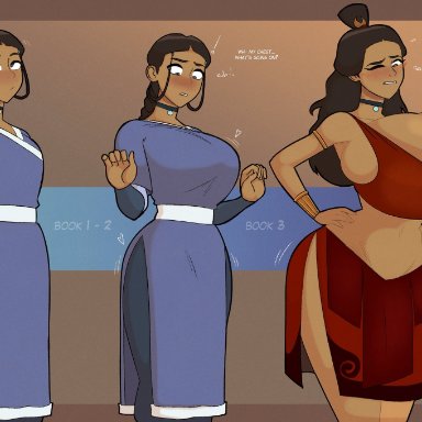 avatar the last airbender, katara, zetaskully, 1girls, alternate breast size, ass, ass expansion, big breasts, blue eyes, blush, breast expansion, breasts, breasts bigger than head, cleavage, clothed