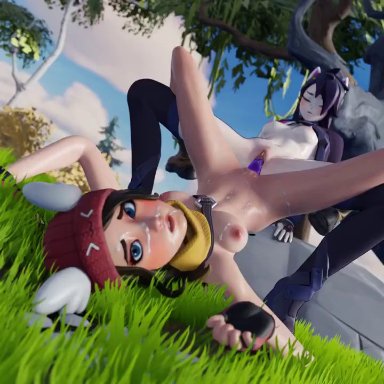 epic games, fortnite, fortnite: battle royale, erisa (fortnite), skye (fortnite), winter wonder skye (fortnite), jtopau, 2girls, areolae, beanie, beanie hat, blue eyes, breasts, brown hair, cat ears