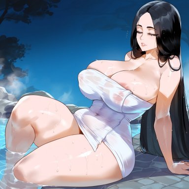 bleach, unohana retsu, creamy ai, closed eyes, curvy, hot spring, large breasts, legs in water, mature female, milf, mommy, nipples, thick thighs, towel