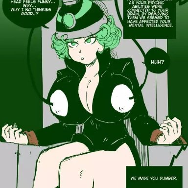 one-punch man, tatsumaki, shishikasama, ass expansion, bent over, bimbofication, bondage, bottomless, brain drain, brainwashing, breast expansion, corruption, cum in pussy, green eyes, green hair