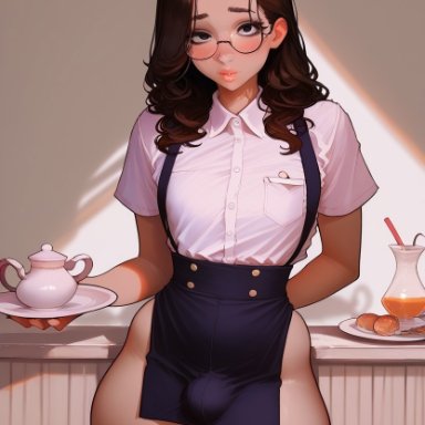 claire (truep81), 1boy, androgynous, black eyes, brown hair, bulge, crossdressing, femboy, feminine male, glasses, long hair, male, male only, orange juice, tea pot