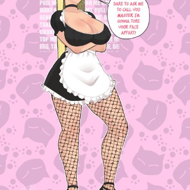 gravity falls, pacifica northwest, banjabu, angry, blonde hair, blush, choker, cleavage, embarrassed, fishnets, green eyes, high heels, hoop earrings, huge breasts, maid