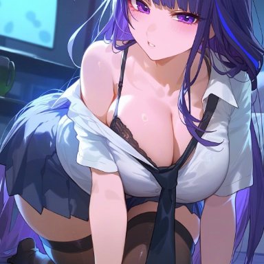 genshin impact, raiden shogun, 1girls, all fours, bare shoulders, black bra, bra, breasts, clothing, curvy, curvy figure, female, large breasts, necktie, purple eyes