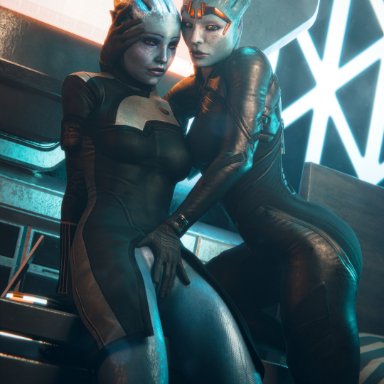 bioware, mass effect, asari, liara t'soni, samara, ceeeeekc, 2girls, alien, clothed, female, female only, hand on pussy, looking at viewer, pussy, pussy peek