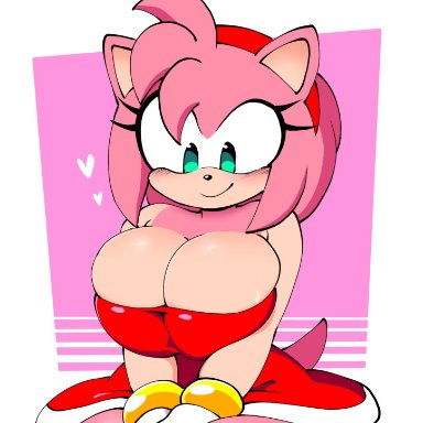 sega, sonic (series), amy rose, quavernsfw, booba, breasts together, cleavage, female, furry, heart symbol, hi people its me (rockin robin), huge breasts, radioactive chicken heads lyrics, squeezing breasts