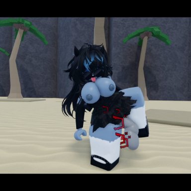 roblox, roblox game, the strongest battlegrounds, akya(krax), roblox avatar, robloxian, 1female, arm warmers, bangs, bangs over eyes, black hair, blue body, blue skin, demon, demon girl